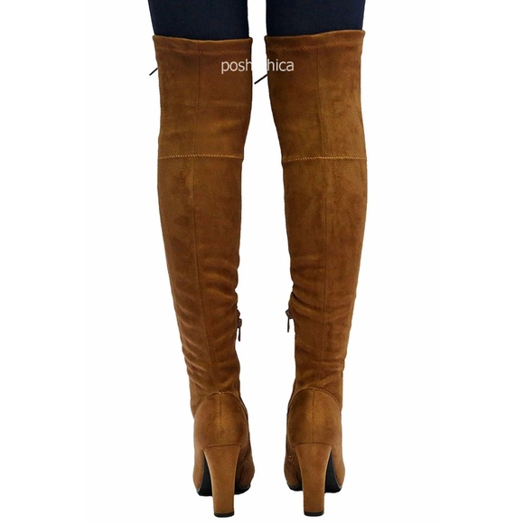 Tan Stretchy Lace Up Over Knee Combat Heel Boots - Picture 5 of 5